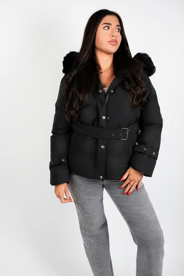 Serelina Belted Puffer Jacket With Faux Fur Hood - Black