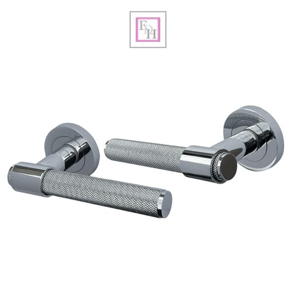 EDH Door Hardware Knurled Door Handles Chrome, Black, Brass – Loop & Neck Lever on Rose Latch