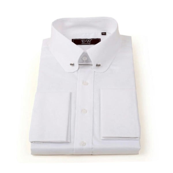David WeJ Pin Collar Double Cuff Fine Herringbone Shirt - White
