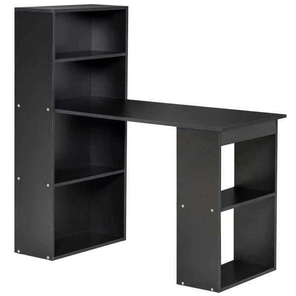 Black computer desk with built-in vertical shelving and open storage cubbies