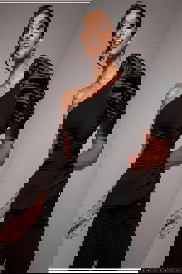 One Shoulder Puffed Satin Sleeve Asymmetric Scuba Top - Black T239