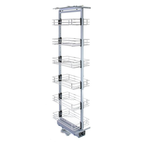 KuKoo pull-out soft close kitchen larder with six wire baskets, sleek silver frame, designed for 170-195cm high cabinets