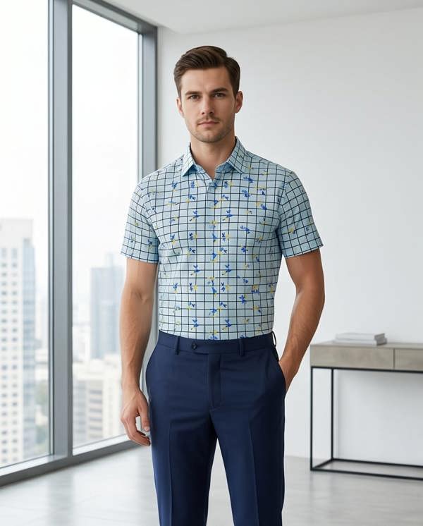 Pamoni Sky Blue Checkered Short-Sleeve Shirt with Delicate Floral Print