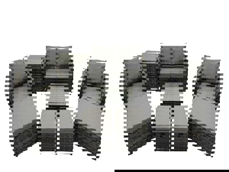 Fimous Rattan Garden Outdoor Furniture Set Love Sofa Reclining Chair Square Coffee Table Set with 4 Stools Side Table Dark Grey Mixed