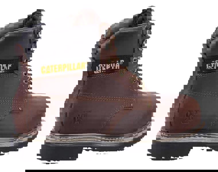 Caterpillar PowerPlant Mens SB Safety Classic Steel Toe Work Boots, brown leather safety work boots with black padded collar and rugged outsole for durability.