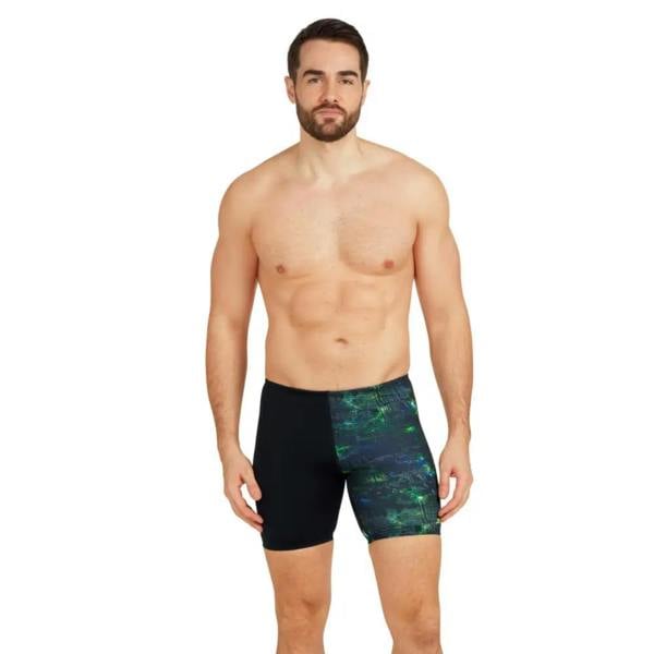 Zoggs Urban Galaxy print mid jammer swim trunks in black and green