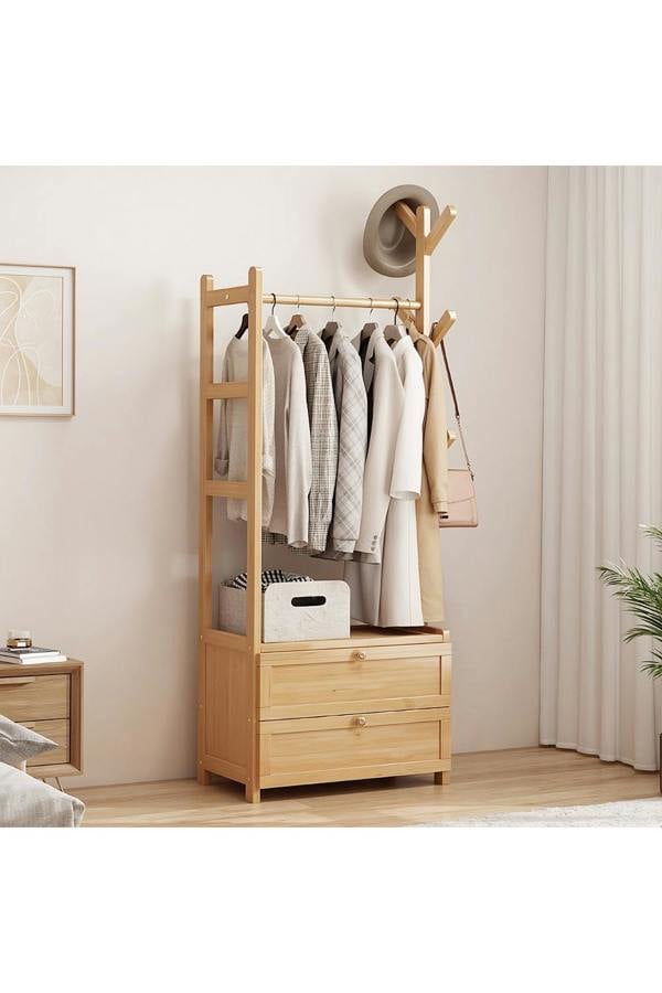 Freestanding Bamboo Clothes Rack Garment Rack with Storage Shelves Coat Hanger