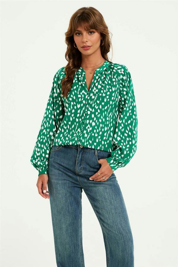 FS Collection Brushstroke Print long sleeve Blouse Top In Green