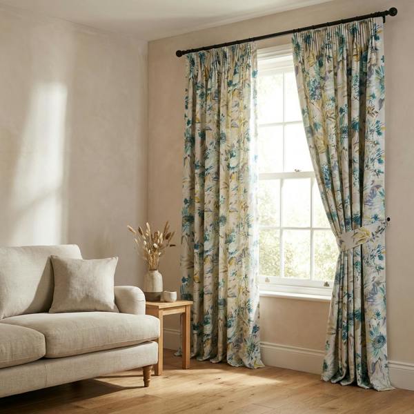 Capri made-to-measure curtains in Blue, styled in a living room