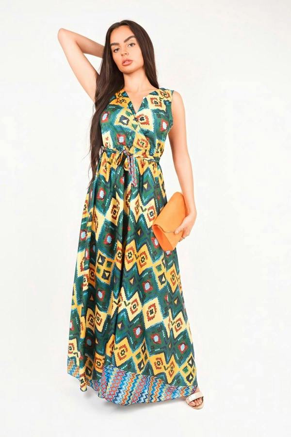 Nalani V Neck Sleeveless Maxi Dress With Tie Waist - Yellow