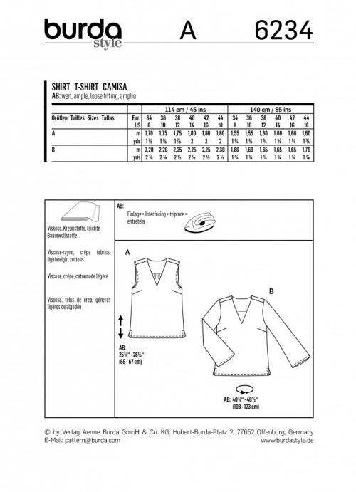 Burda Sewing Pattern 6234 Tops For Women, Sizes 8-18 - Easy