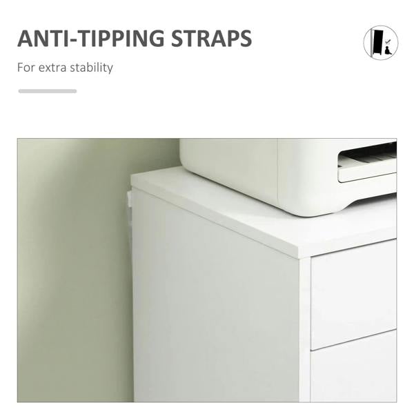 White filing cabinet corner with anti-tipping strap for stability