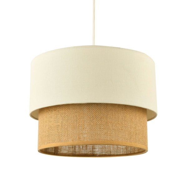 Modern Designer Two Tier Cream Linen and Natural Rattan Pendant Shade Image 1