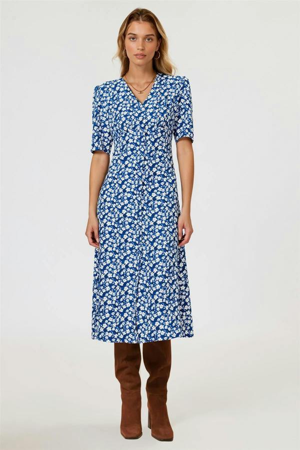 FS Collection Floral Print Button Front Midi Dress In Blue