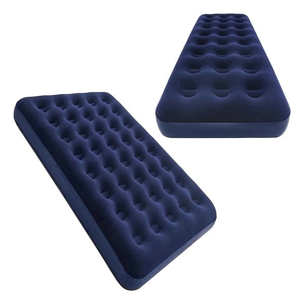 Blue Flocked Inflated Air Mattress Ideal For Camping, Festivals & Sleepovers