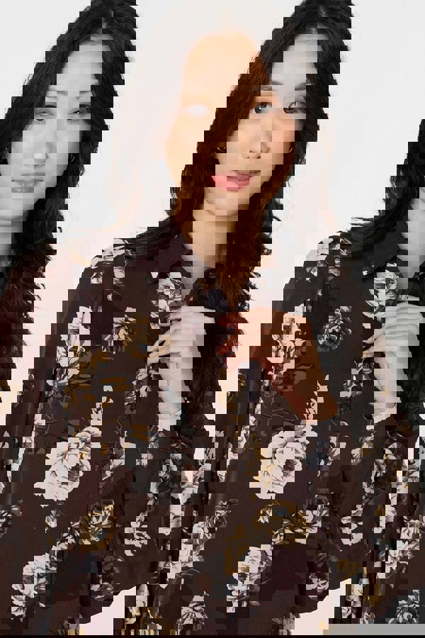 Brown | Floral Balloon Sleeve Semi Sheer Shirt
