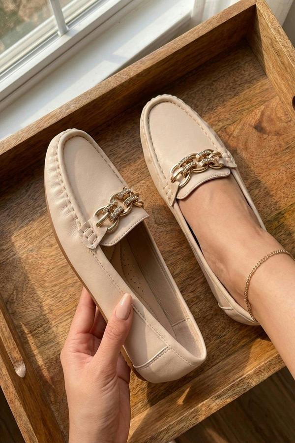 Olivia Womens Rhinestone Chain Loafers - Beige
