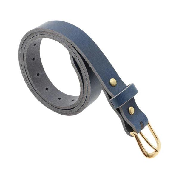 Navy leather belt with gold buckle on a white background