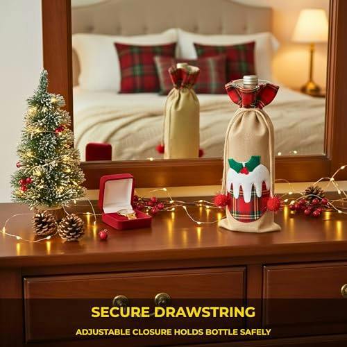 15 x 35 cm Christmas Wine Bottle Cover Bag with Drawstring, Festive Printed Novelty Decoration image 8
