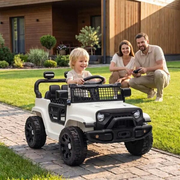 12V Electric Car for Kids with Remote, Dual Motors, Rear Suspension, Soft Start, Music, Lights for 3-8 Years, White - White