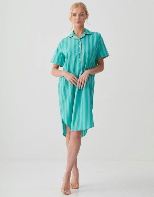 British Boxers Women's Crisp Cotton Short Sleeve Nightshirt – New York Turquoise Stripe