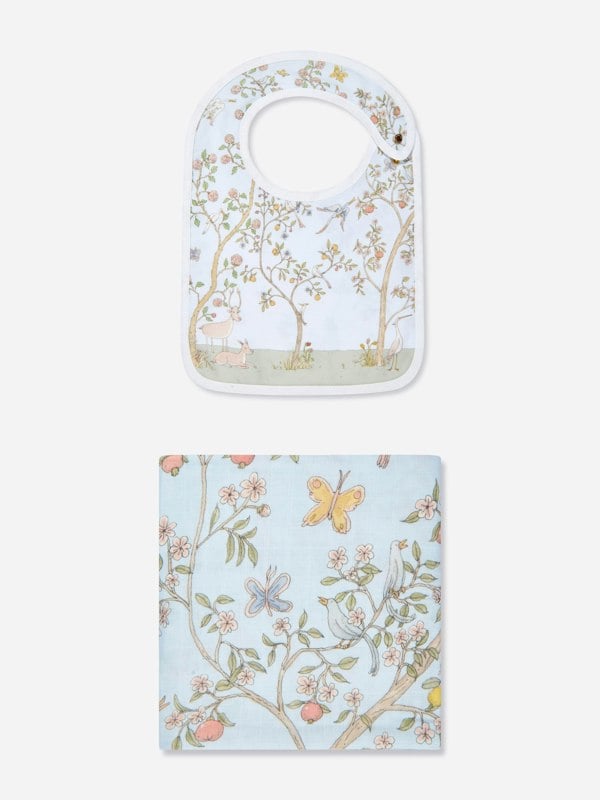 Atelier Choux Baby Boys In Bloom Swaddle And Satin Bib Set in Blue