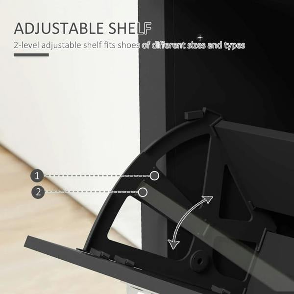 Adjustable shelf inside black flip-door shoe cabinet with angled support brackets