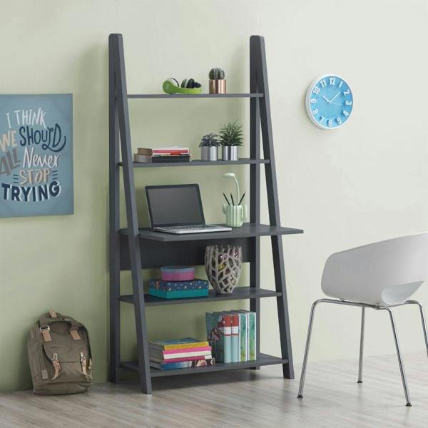 Timber Art Design Riva Ladder Bookcase with 5 Tier Shelves & Overhanging Desk Shelf