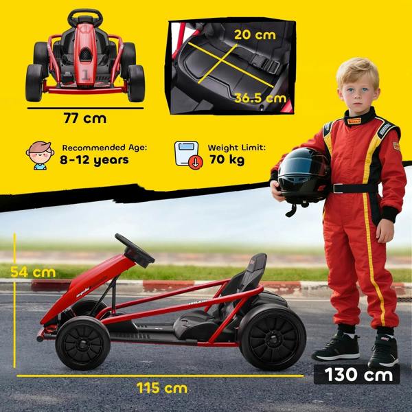Red electric kids go-kart side view with black seat, roll bar, and rear wheels