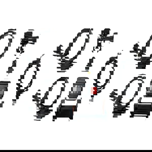 Gutter vacuum poles with camera accessories, featuring sturdy black clamps, a remote control, and a USB charging cable for easy use