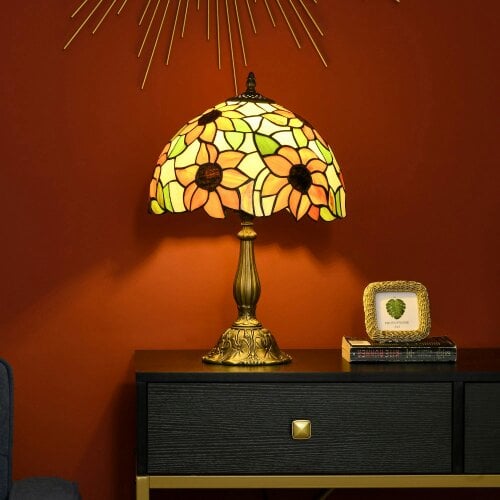 Wyld Haus Limbaka Glass And Metal Orange Sunflower Stained Glass Table Lamp