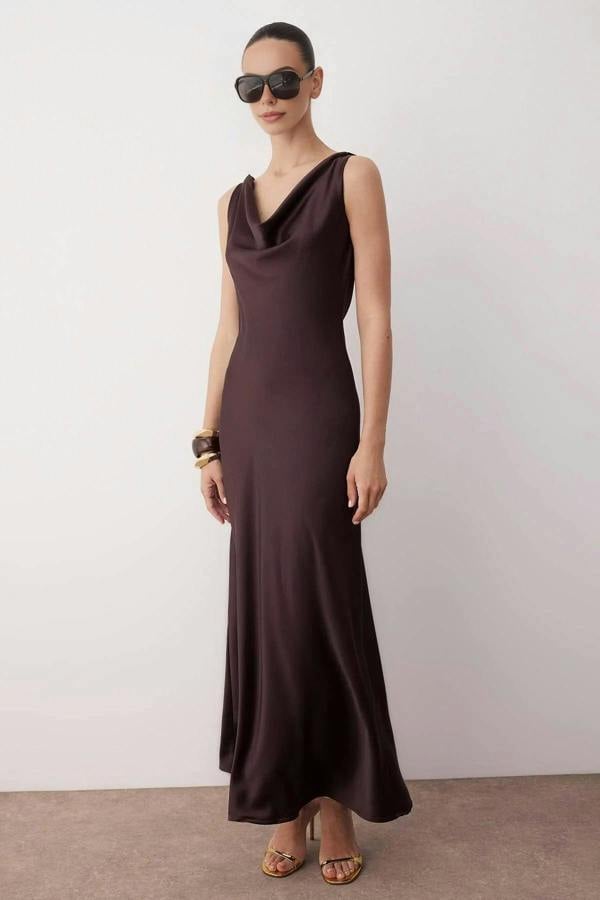 WOVCOR A-Line Cowl Neck Satin Maxi Elegant Dress