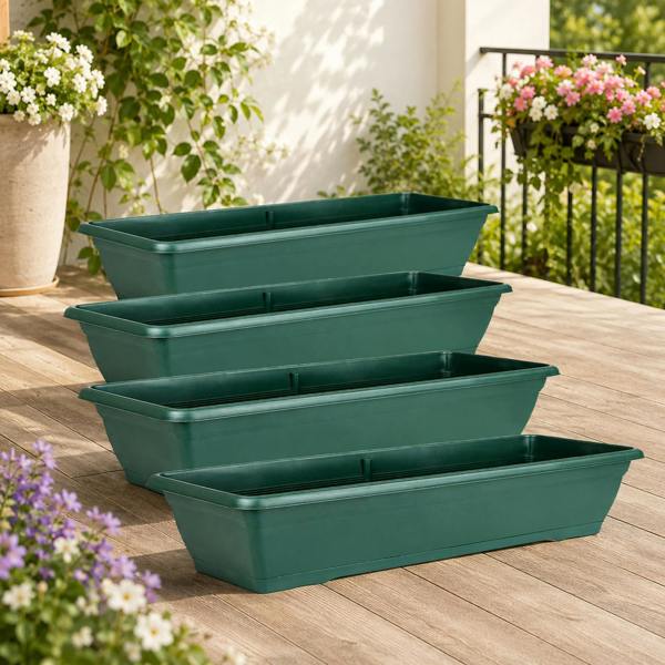 Gr8 Garden Set of 4 Large 72cm Green Plastic Garden Trough Planters Balcony Window Plant Box Pots