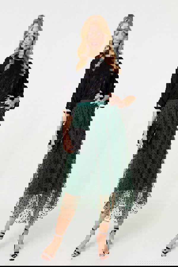 Green | Polka Dot Layered Mesh Midi Skirt
