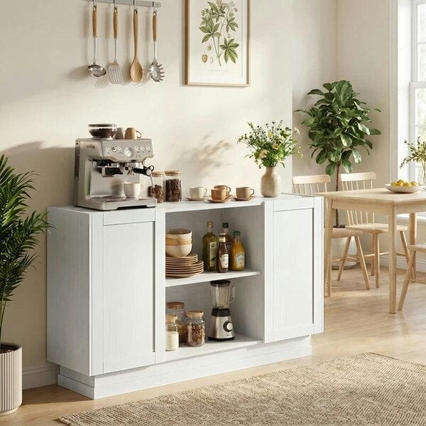 Sideboard Buffet Cabinet, 133 cm Storage Cabinet with 2 Open Shelves, 2 Cupboards and Soft Close Doors, White