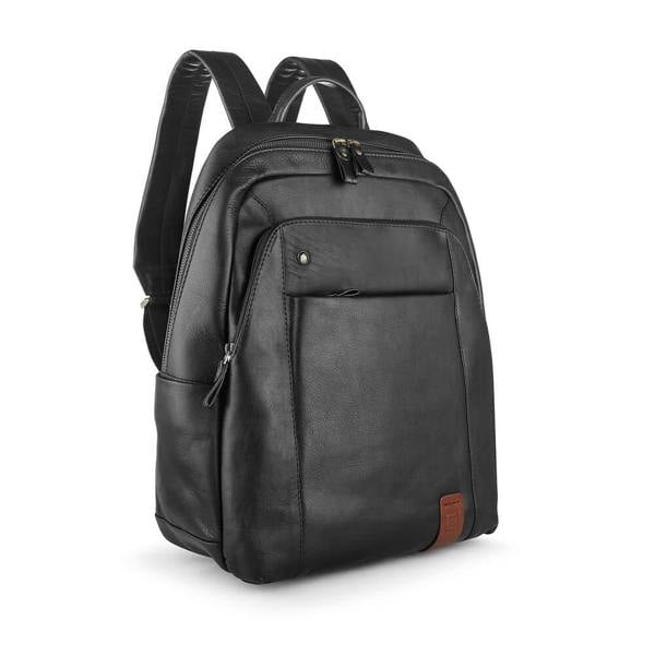Black leather backpack on a white background