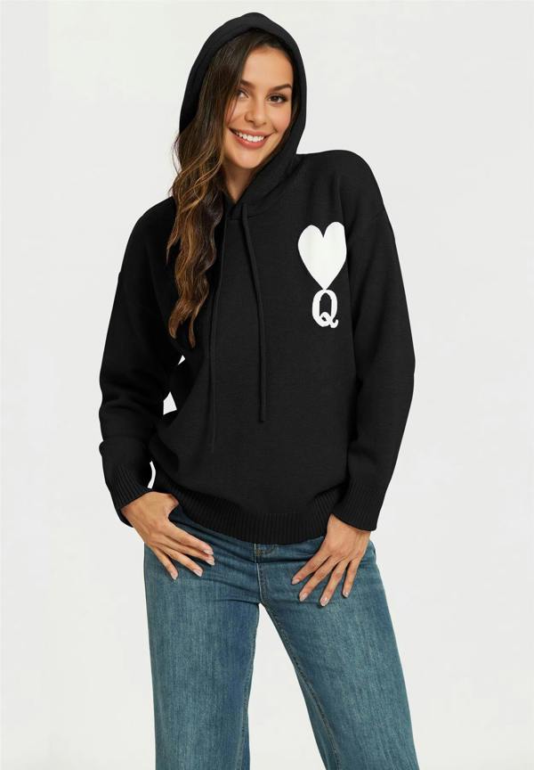 FS Collection Heart & Q word knitted hoodie In Black