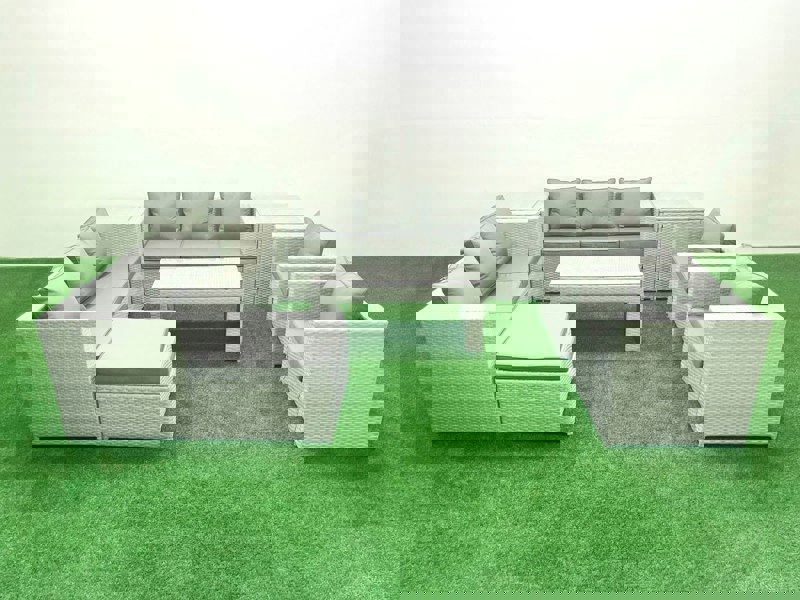 Fimous Outdoor Garden Furniture Rattan Sofa Set with 2 Armchairs Oblong Coffee Table Big Footstool 2 Side Tables Light Grey Mixed