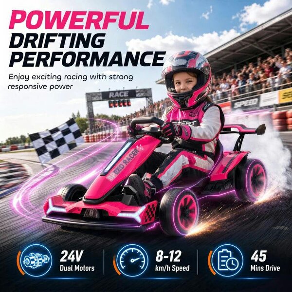 24V Electric Go Kart for Kids 6-12 Years with Drift Mode, Adjustable Seat, 3 Speed, Slow Start, Pink