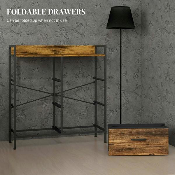 Folded fabric drawer chest with rustic brown panels and black steel frame, stored compactly