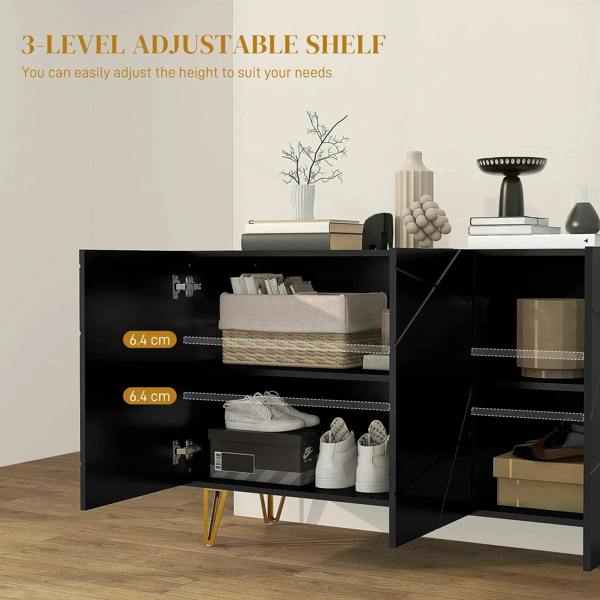 Black high-gloss sideboard open with adjustable shelf levels and storage areas