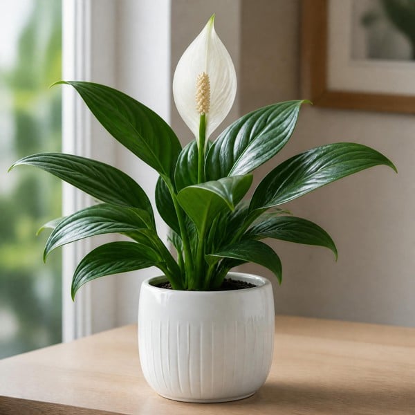 Peace Lily Plant 12cm - Air Purifying Houseplant Elegant Indoor Plant with White Flowers - Glossy White Ceramic Pot - 1
