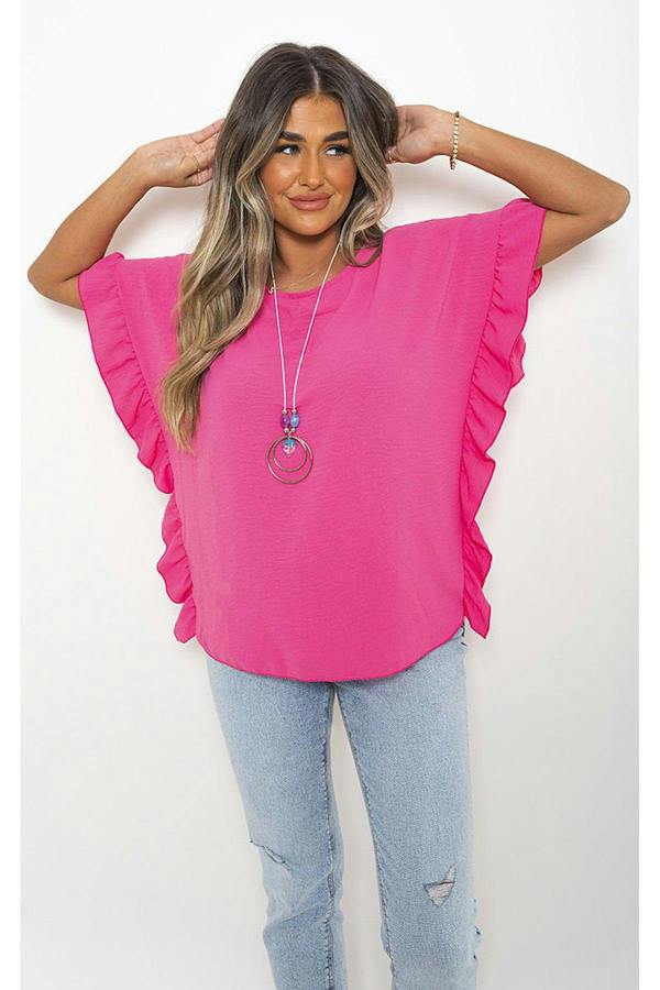 Vienna Frill Sleeve Top With Chain - Fuschia