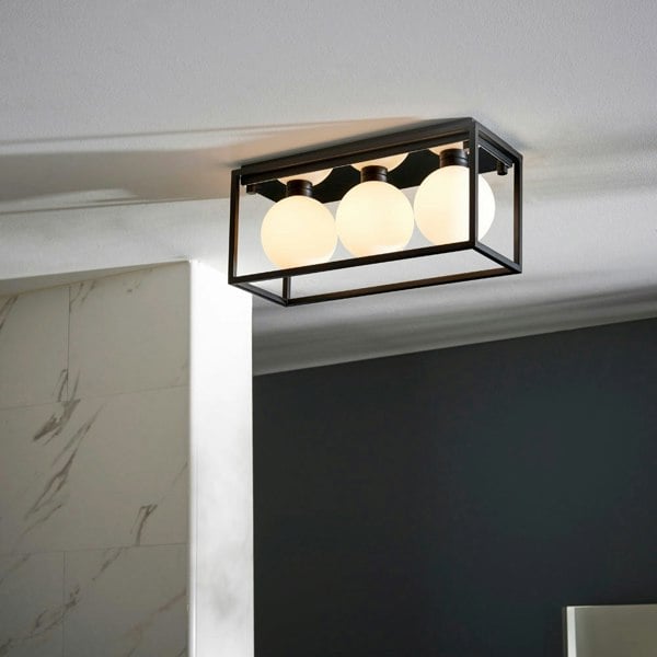 Matt Black Rectangular Framed Flush Bathroom Ceiling Light & Sphere Glass Shades