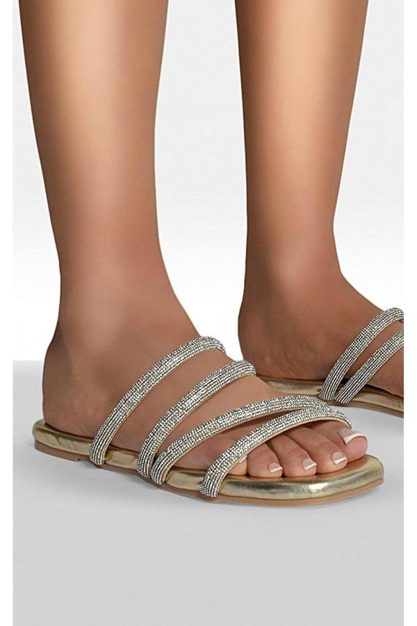 Reya Embellished Asymmetrical Strap Flat Sandals - Gold