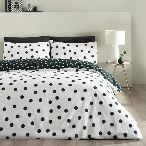 Catherine Lansfield Polka Dot Reversible Duvet Cover Set Black / White