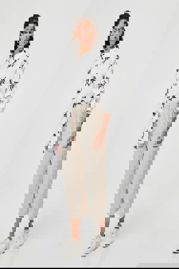 White | Tropical Print Relaxed Long Sleeve Shirt
