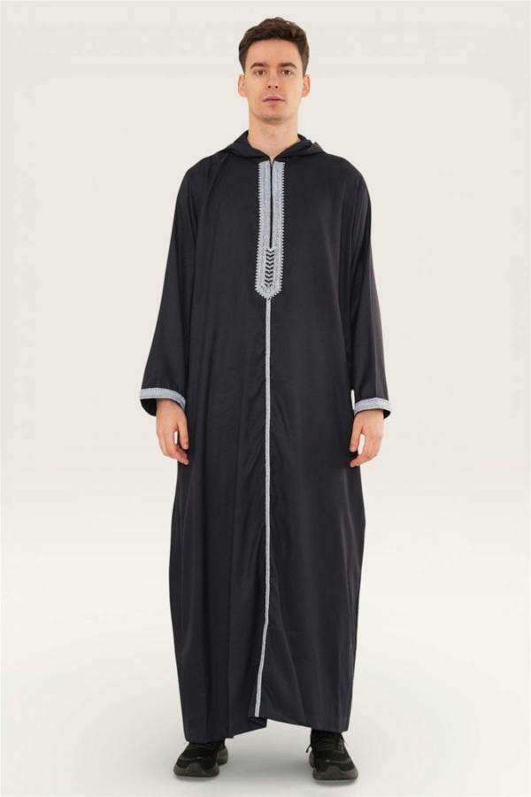 Infinity Leather Men's Hooded Moroccan Embroidery Djellaba Islamic Jubba Robe Eid Ramadan Thobe