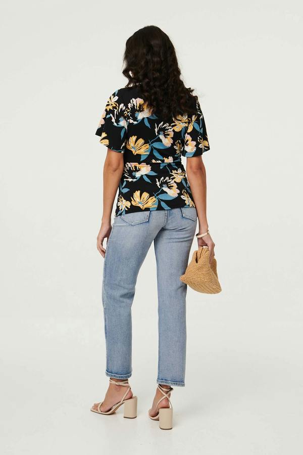 Black | Floral Short Angel Sleeve Wrap Front Top
