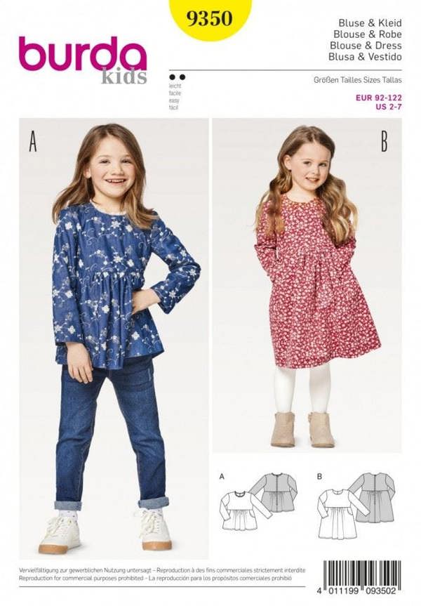 Burda Sewing Pattern 9350 Dresses and Tops For Kids, 2-7 Years - Easy